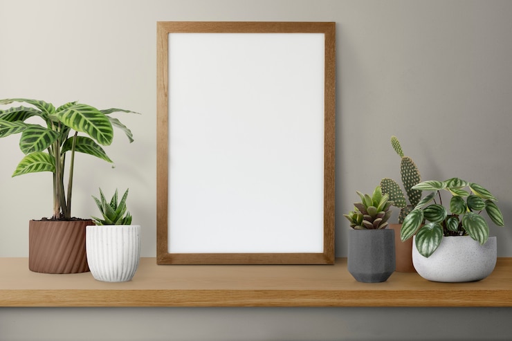 Foto gratuito marco de madera en un estante con cactus