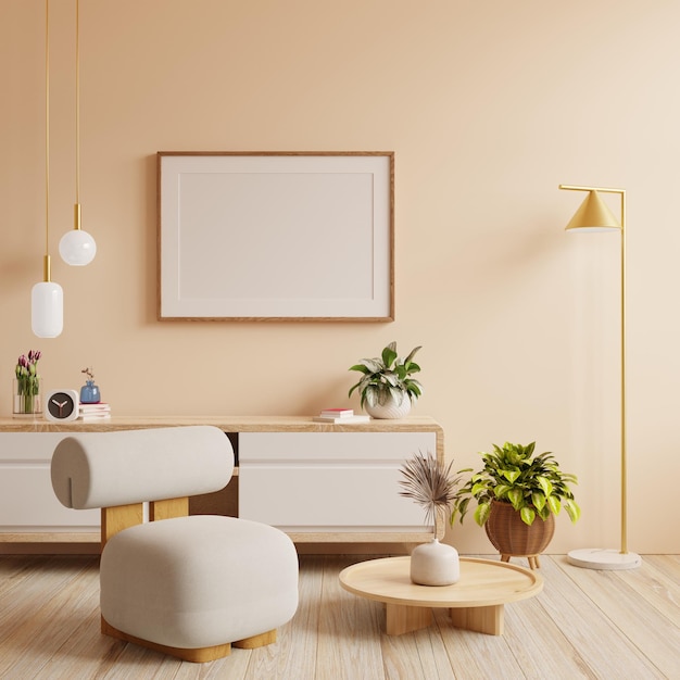 Foto gratuita marco de póster de maqueta en un fondo interior moderno con sillón y accesorios en la habitación