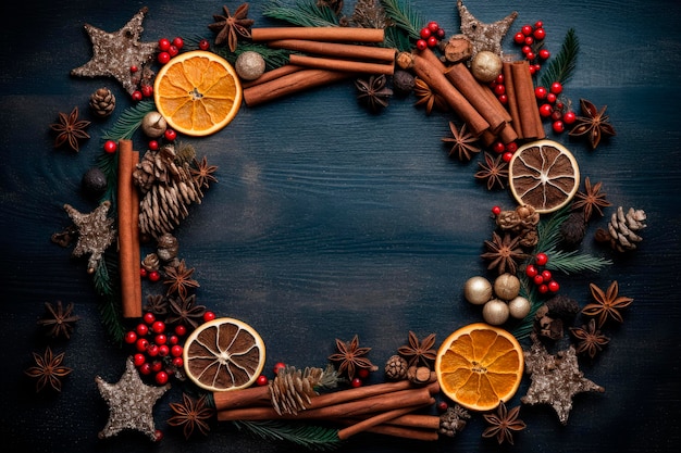 Foto gratuita marco redondo de navidad de ramas naturales mandarinas y canela sobre fondo azul.