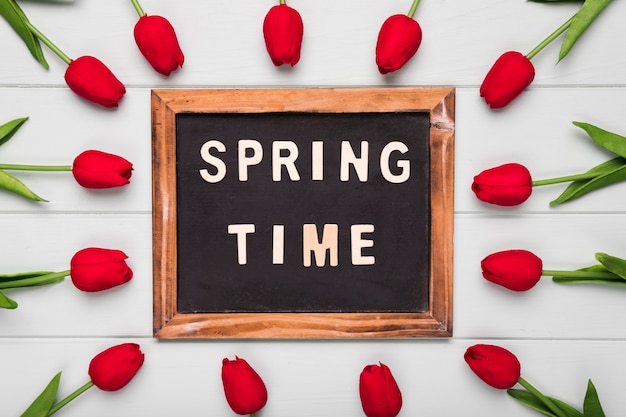 Foto gratuita marco con tiempo de primavera y marco de tulipanes