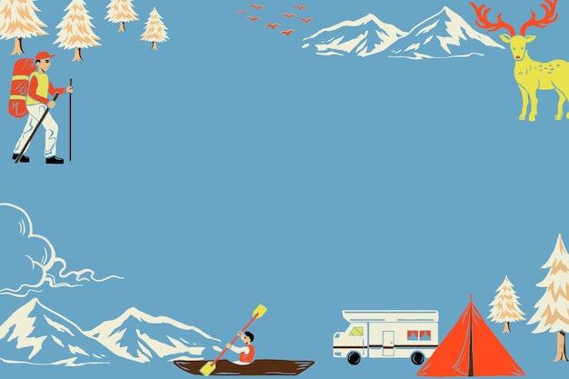 Foto gratuita marco de viaje de campamento con ilustración de dibujos animados turísticos