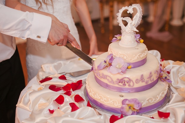 Foto gratuita marido cortando la tarta de compromiso