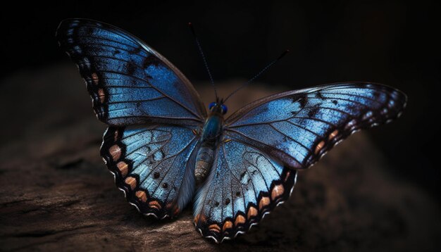 Una mariposa azul descansa sobre un tronco en la oscuridad.