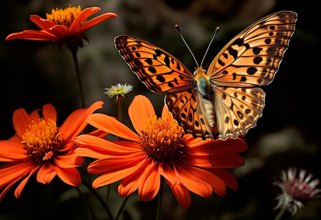 Foto gratuita mariposa en una flor de gerbera naranja