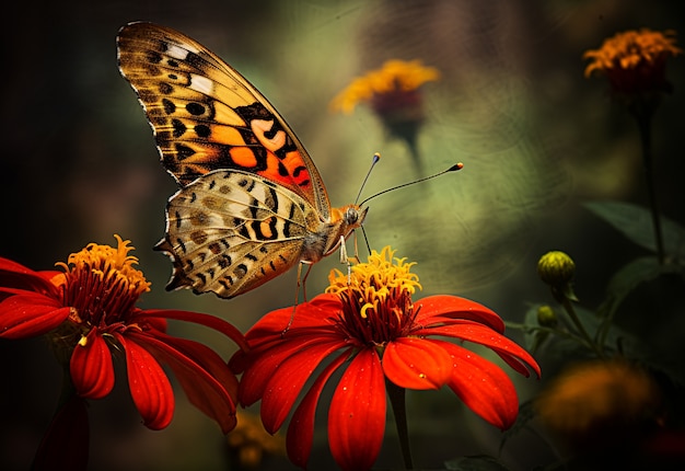 Foto gratuita mariposa en una flor de gerbera naranja