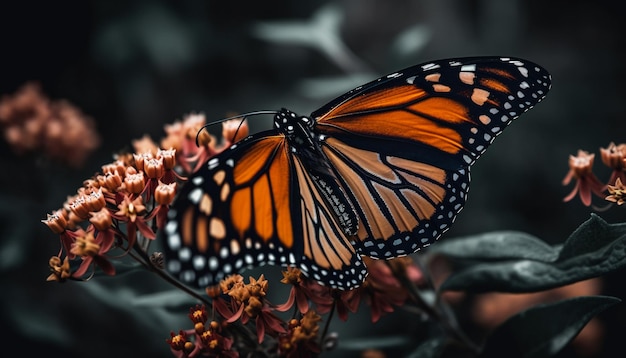 Una mariposa monarca se sienta en una flor.