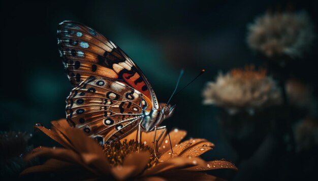 Mariposa multicolor sobre flor amarilla en verano generada por IA