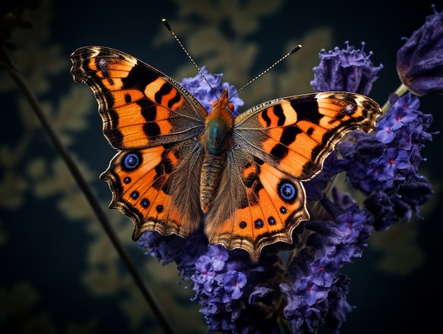 Foto gratuita mariposa naranja en flores violetas