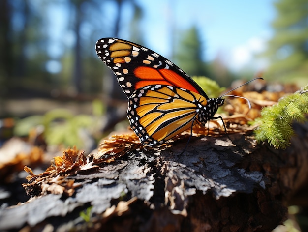 Mariposa naranja en el tronco de un árbol