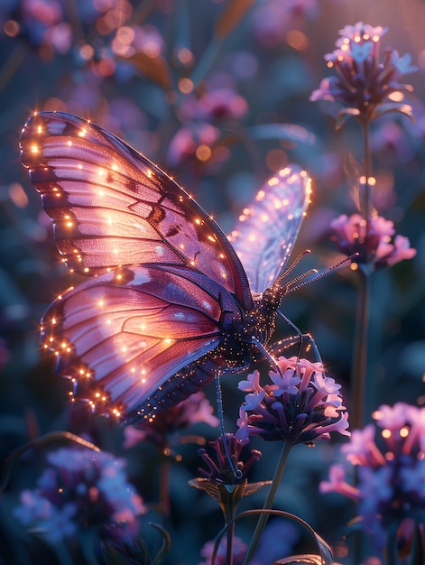 Foto gratuita la mariposa púrpura brillante en 3d