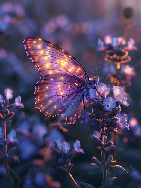 Foto gratuita la mariposa púrpura brillante en 3d