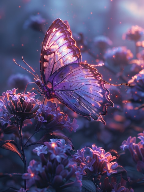 Foto gratuita la mariposa púrpura brillante en 3d