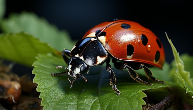 Foto gratuita mariquita en hoja verde una pequeña belleza en la naturaleza generada por la ia