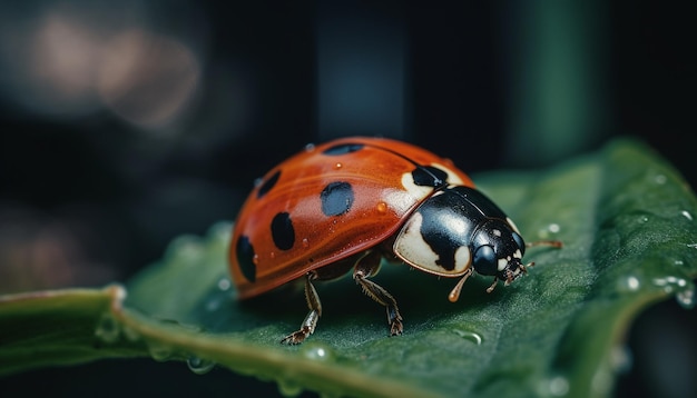 Foto gratuita mariquita manchada arrastrándose sobre una hoja verde al aire libre generada por ia