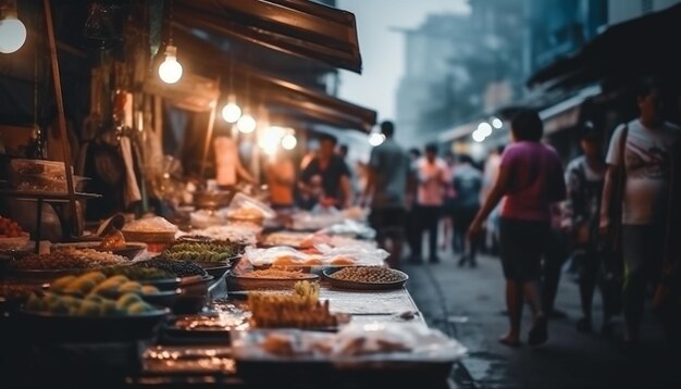 Mariscos frescos asando la vida de la ciudad por la noche generados por IA