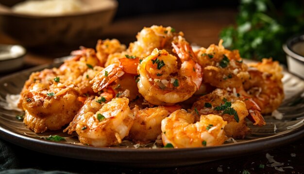 Mariscos a la parrilla en un plato fresco y gourmet generado por IA