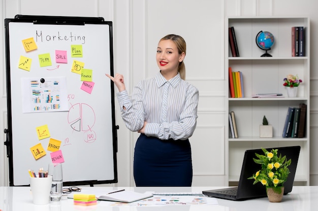Marketing inteligente linda mujer de negocios en camisa a rayas en la oficina presentando su nuevo plan de marketing