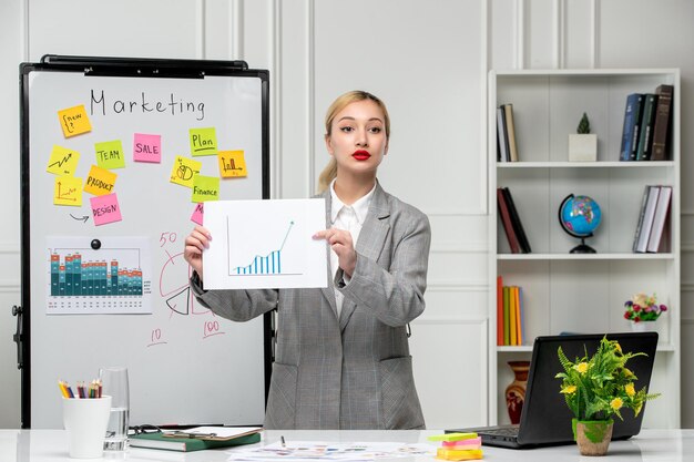 Marketing joven mujer de negocios bastante linda en chaqueta gris en la oficina mostrando estadísticas al equipo