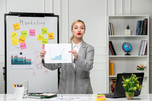 Marketing joven mujer de negocios bastante linda en chaqueta gris en la oficina mostrando estadísticas al equipo