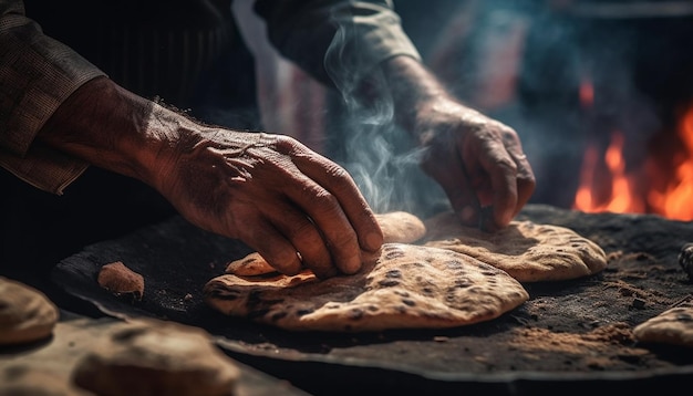 Masa de pan hecha a mano preparada por un panadero experto generada por IA