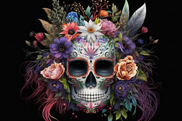 Máscara de calavera katrina mexicana decorada con flores típicas del Día de los muertos Tradición religiosa mexicana HalloweenAi generativo