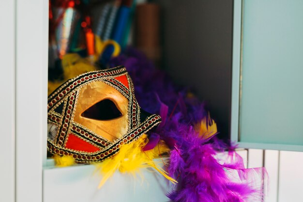 Máscara de carnaval hermosa con boa de plumas púrpura y amarilla en el armario