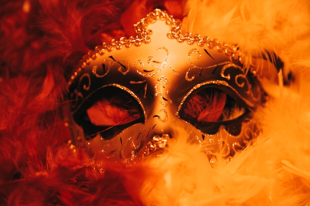 Máscara dorada elegante del carnaval veneciano con plumas