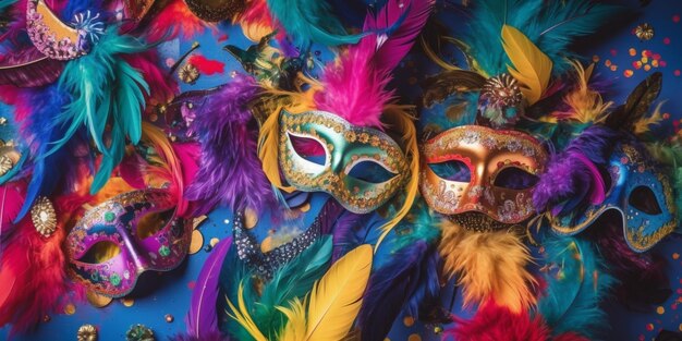 Máscaras de carnaval vibrantes con plumas