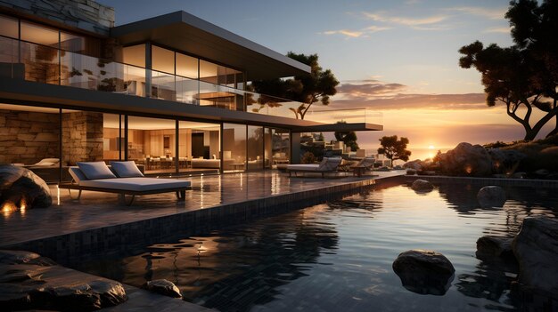 Matriz arquitectónica paisajística de gran angular de una impresionante villa con piscina
