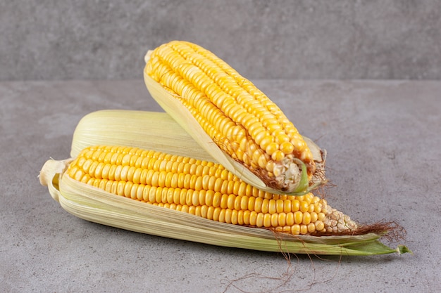 Mazorcas de maíz frescas sobre una superficie gris