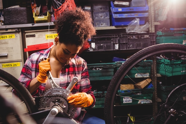 Mecánico de reparación de una bicicleta