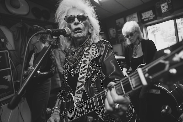 Foto gratuita mediano disparo de la abuela rebelde cantando