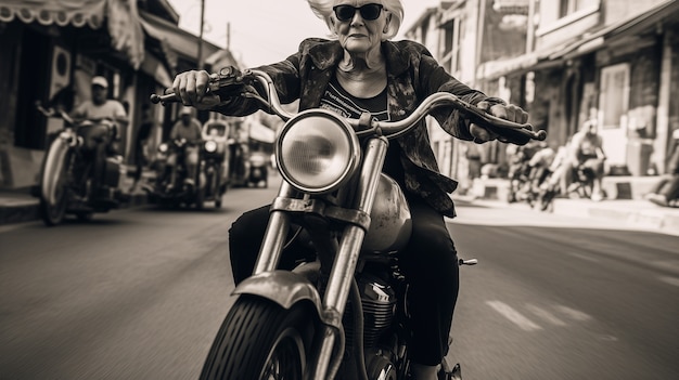 Foto gratuita mediano tiro a la abuela rebelde en motocicleta