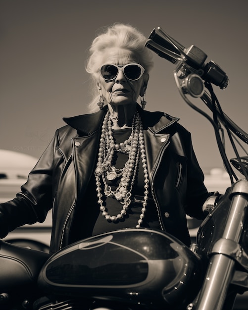 Foto gratuita mediano tiro a la abuela rebelde en motocicleta