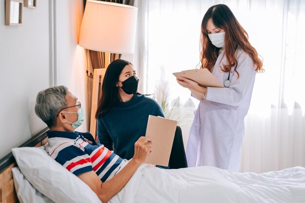 Un médico asiático visita y examina a un anciano en casa El médico revisa y consulta para los servicios hospitalarios de los pacientes jubilados y usa una máscara para proteger a covid19