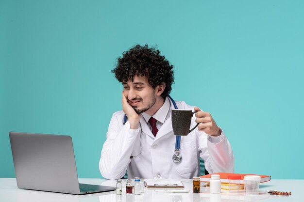 Médico en bata de laboratorio joven serio y apuesto doctor trabajando en una computadora bebiendo de una taza de café