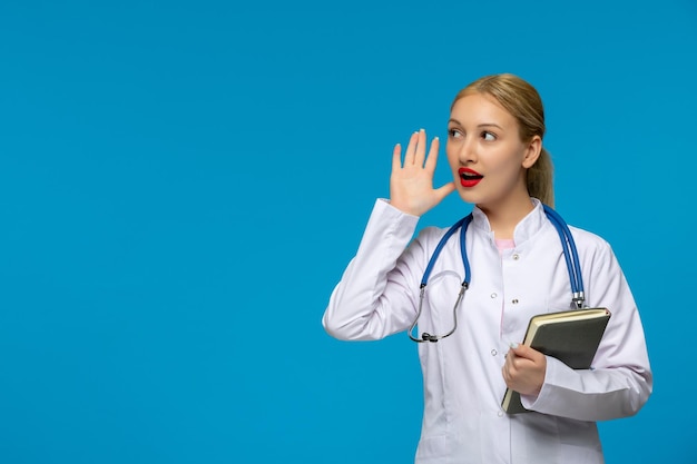 El médico del día mundial de los médicos está escuchando a escondidas con libros y el estetoscopio en el abrigo médico.