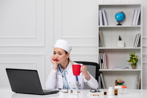 Médico encantador lindo médico en bata de laboratorio blanca y sombrero con computadora con taza roja