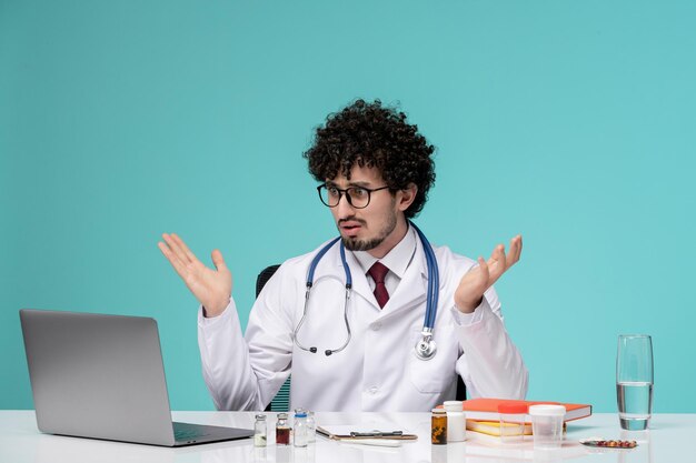 Médico joven serio guapo médico que trabaja en la computadora en bata de laboratorio confundido agitando las manos