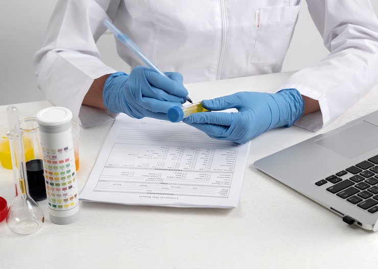 Foto gratuito médico de laboratorio que realiza un examen médico de orina