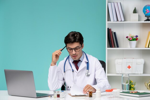 Médico lindo médico inteligente en bata de laboratorio que trabaja de forma remota en el pensamiento de la computadora y se enfoca