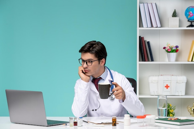 Médico lindo médico inteligente en bata de laboratorio que trabaja de forma remota en el trabajo de la computadora enfocado