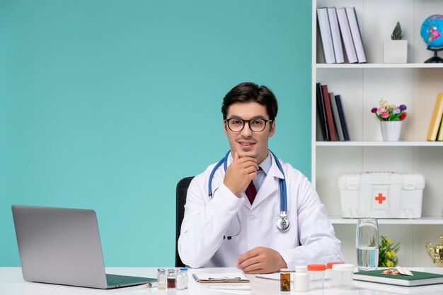 Médico lindo médico inteligente en bata de laboratorio trabajando de forma remota en la computadora sonriendo