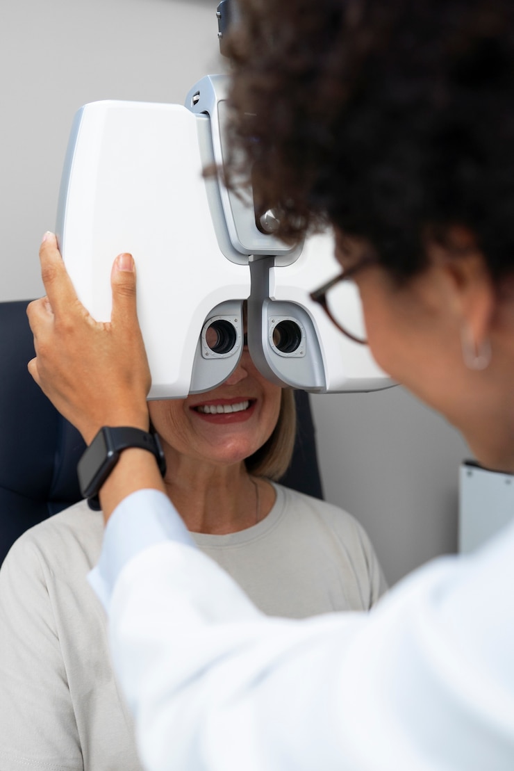 Foto gratuito médico y paciente en el consultorio del oftalmólogo
