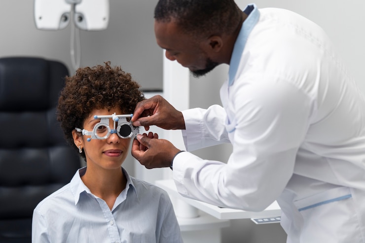 Foto gratuito médico y paciente en el consultorio del oftalmólogo