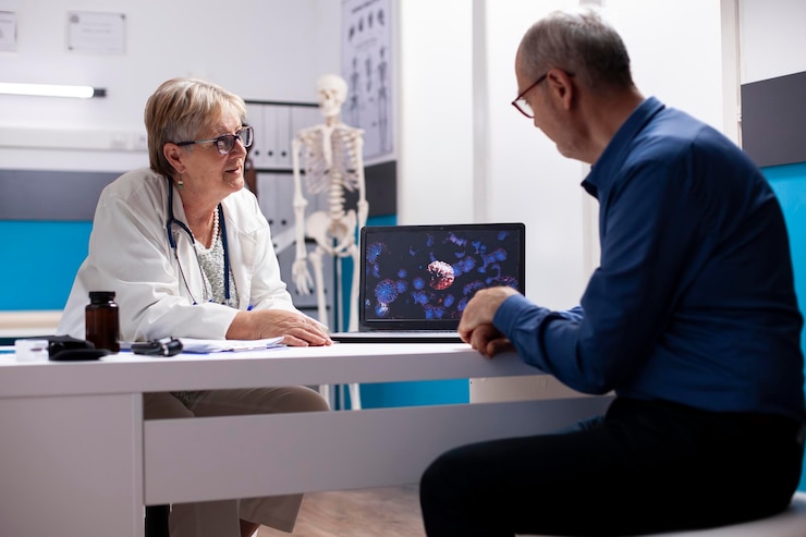 Foto gratuito el médico y el paciente hablan de gérmenes.