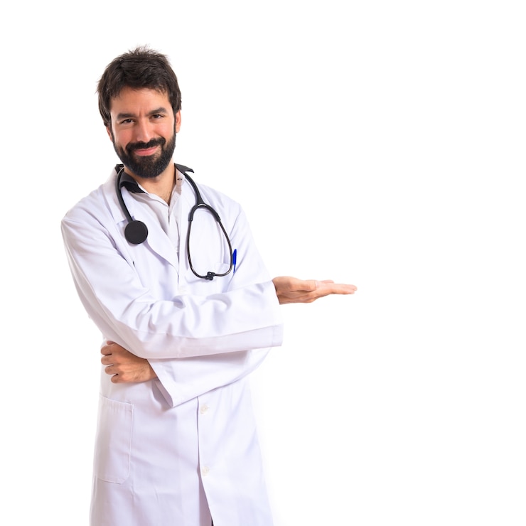 Foto gratuito médico presentar algo sobre fondo blanco aislado