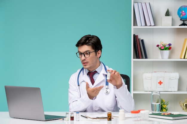 Médico serio, lindo, inteligente, médico en bata de laboratorio que trabaja de forma remota en una computadora con medicamentos