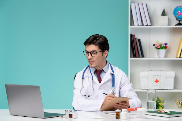 Médico serio lindo médico inteligente en bata de laboratorio trabajando de forma remota en notas de escritura de computadora