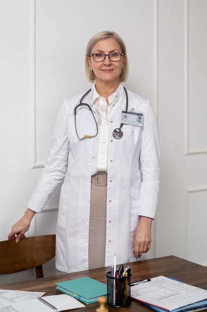 Foto gratuita médico sonriente de tiro medio en la clínica